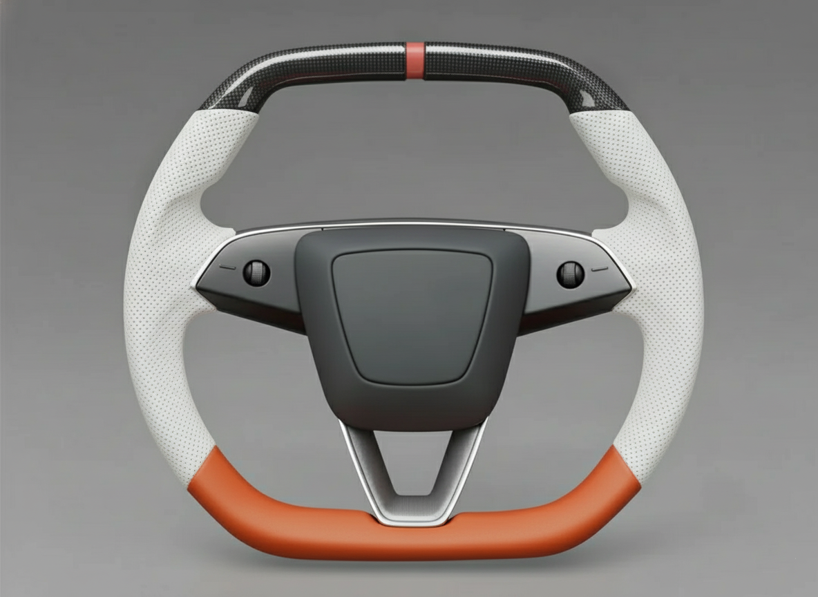 White and orange Leather Carbon Fiber Customize Tesla model 3 highland Steering Wheel - Super Enhancer(2023.9+) Axeco