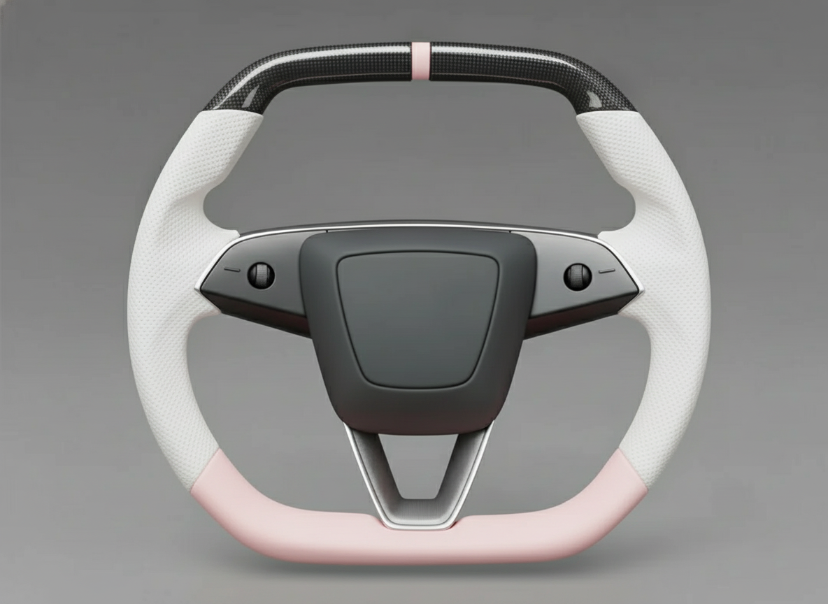 White and pink Leather Carbon Fiber Customize Tesla model 3 highland Steering Wheel - Super Enhancer(2023.9+) Axeco