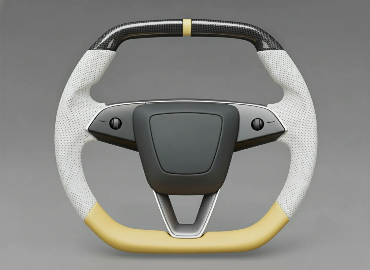 White and yellow Leather Carbon Fiber Customize Tesla model 3 highland Steering Wheel - Super Enhancer(2023.9+) Axeco