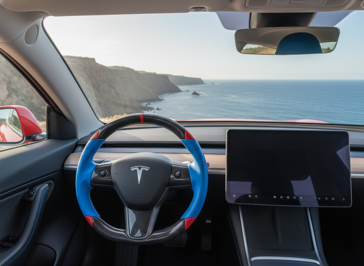 Blue and red Carbon Fiber Tesla Model 3 Custom Steering Wheel -DYNA(2017-2023.9) Axeco