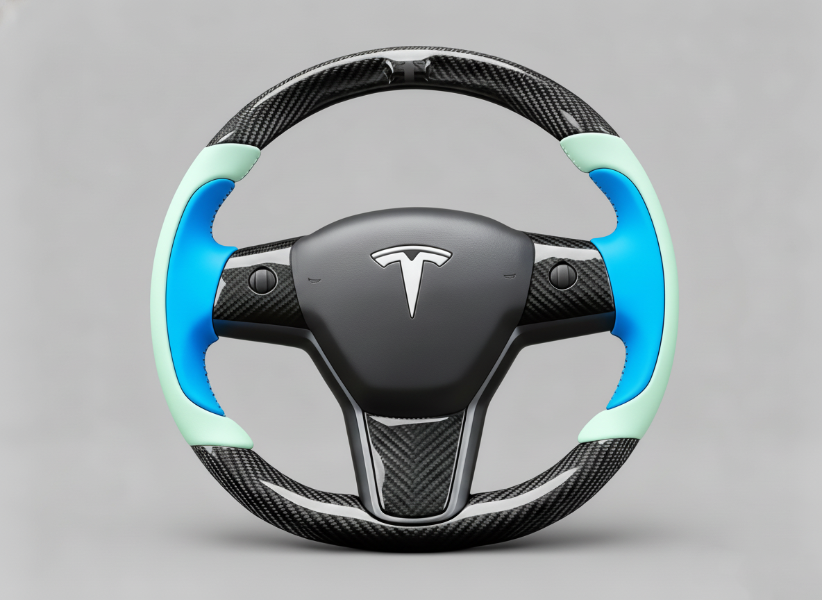 Light green and bright blue Carbon Fiber Tesla model 3 Steering Wheel -Track Master(2023.9+) Axeco