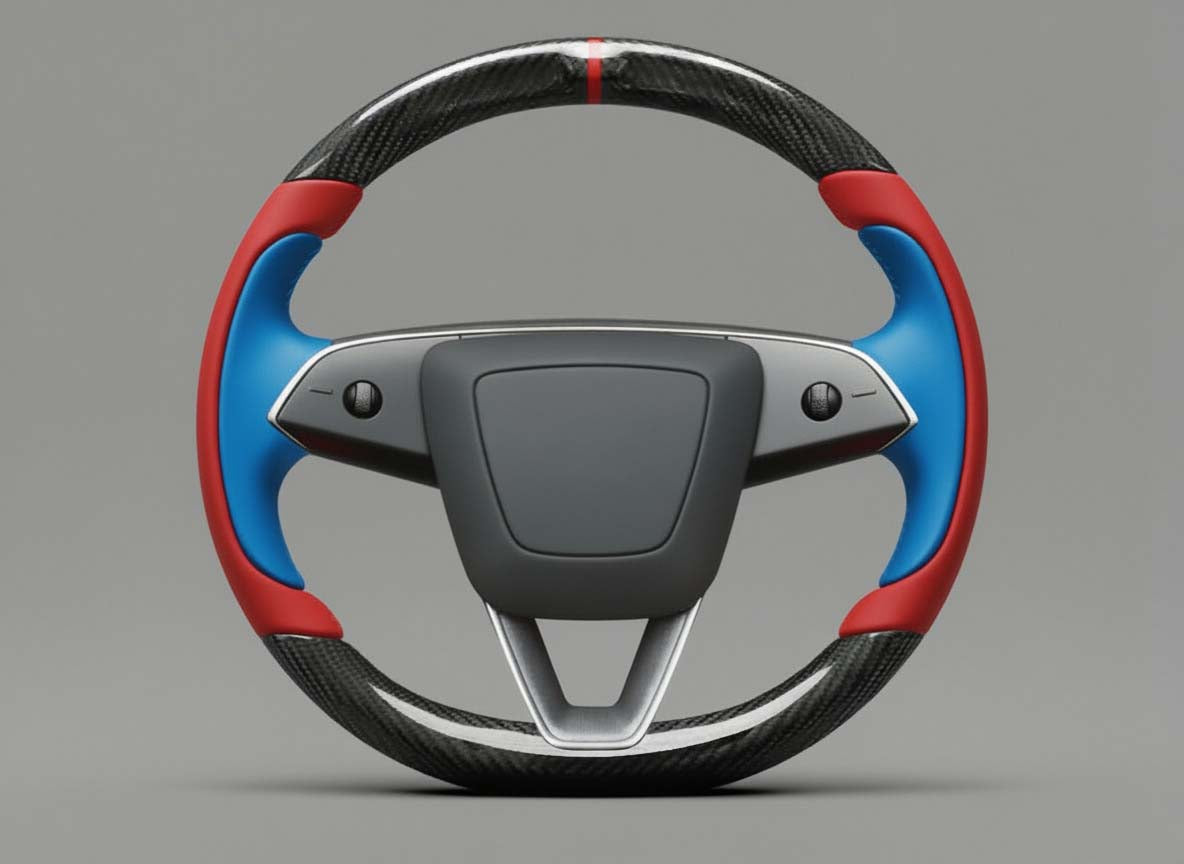 Red and Blue Carbon Fiber Tesla Model Y Juniper Steering Wheel For Lady's -Track Master(2023.9+) Axeco