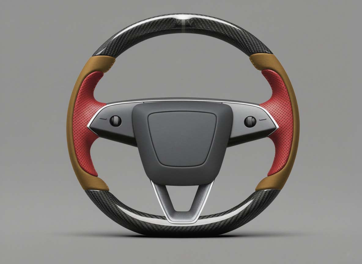 Brown and red Carbon Fiber Tesla Model Y Juniper Steering Wheel For Lady's -Track Master(2023.9+) Axeco
