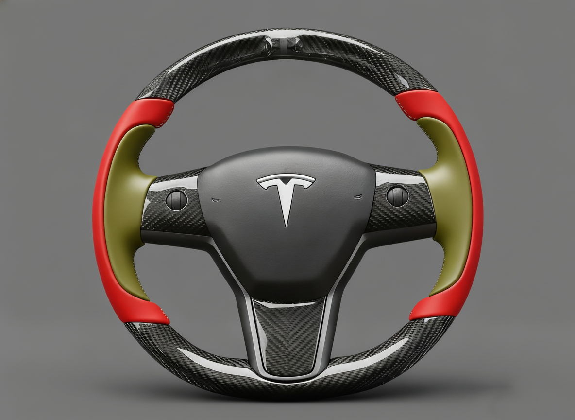 Red and green Carbon Fiber Tesla model 3 Steering Wheel -Track Master(2023.9+) Axeco