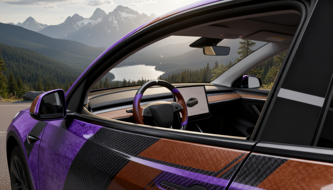 Purple and brown Carbon Fiber Tesla Model Y Juniper Steering Wheel For Lady's -Track Master(2023.9+) Axeco