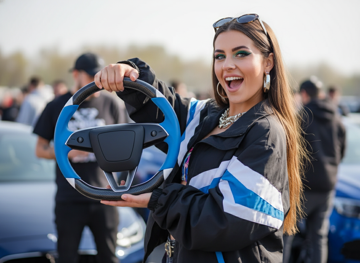 Blue-White Carbon Fiber Customize Tesla Model Y Juniper Steering Wheel - DYNA (2025+) Axeco