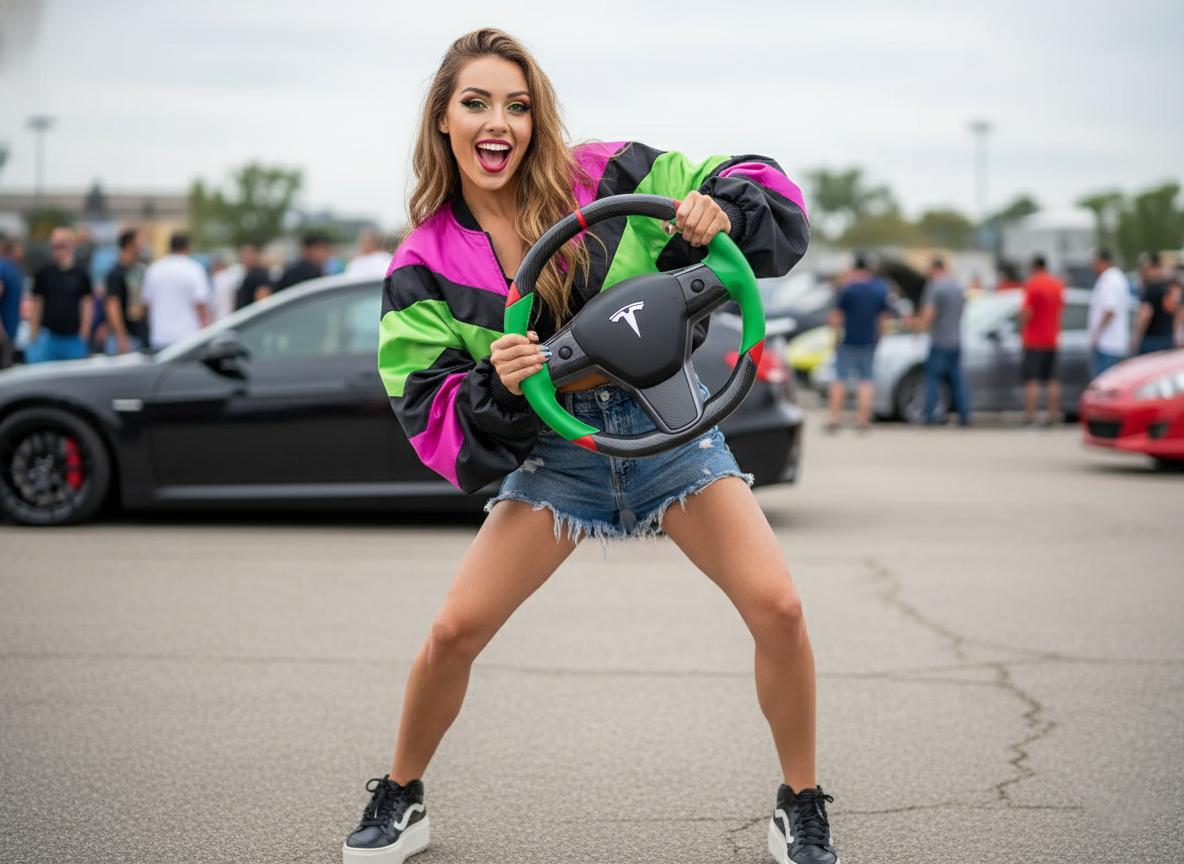 Green and red Carbon Fiber Tesla Model 3 Custom Steering Wheel -DYNA(2017-2023.9) Axeco