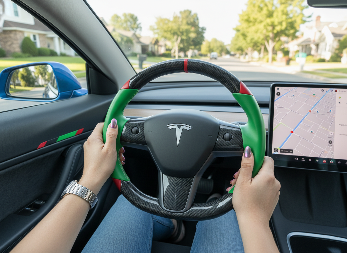 Green and red Carbon Fiber Tesla Model 3 Custom Steering Wheel -DYNA(2017-2023.9) Axeco