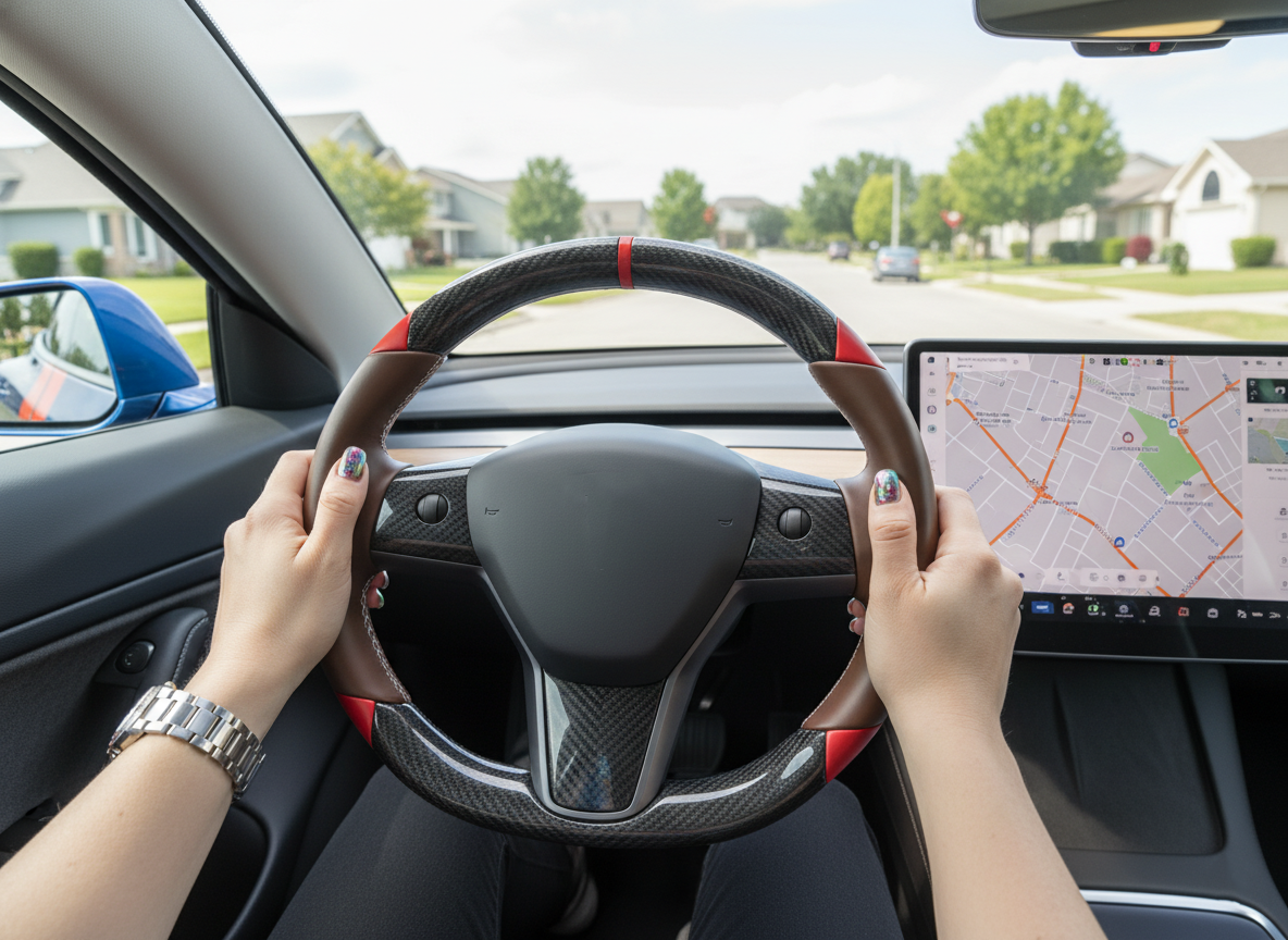 Brown and red Carbon Fiber Tesla Model 3 Custom Steering Wheel -DYNA(2017-2023.9) Axeco