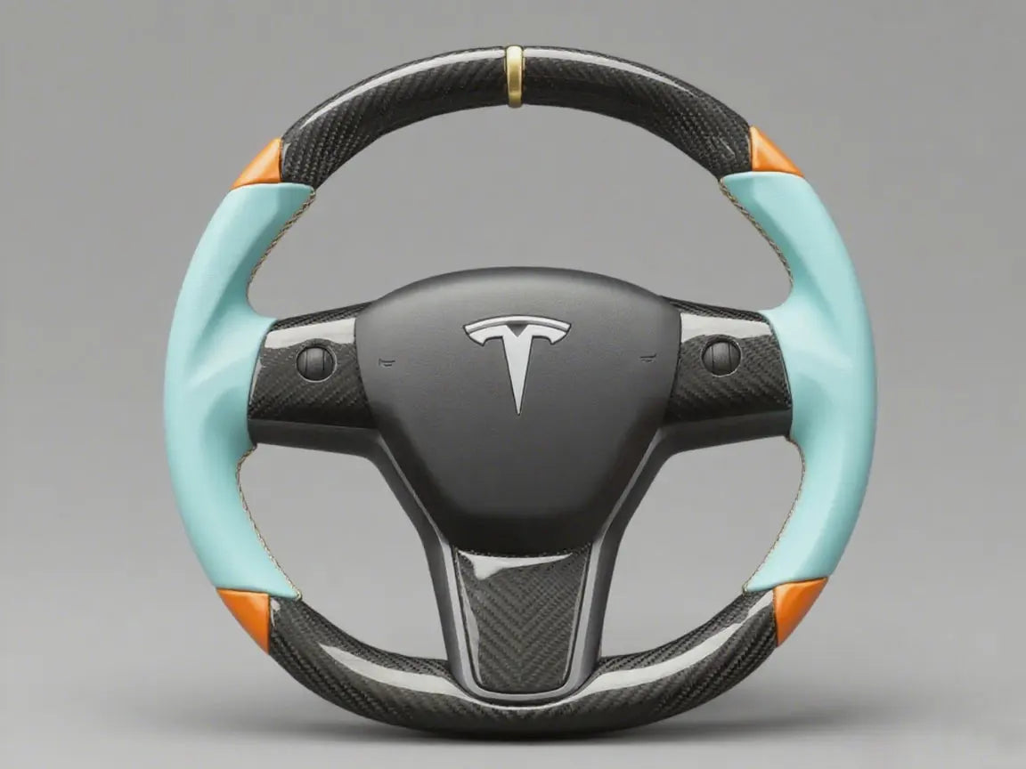 Light Blue Carbon Fiber Tesla Model 3 Steering Wheel -DYNA(2017-2023.9) Axeco