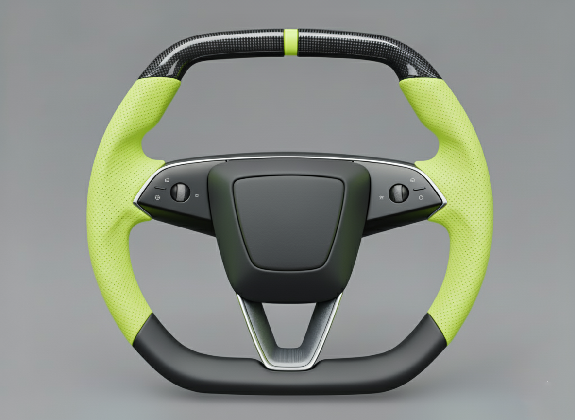 Fluorescent green Leather Carbon Fiber Customize Tesla Model Y Juniper Steering Wheel - Super Enhancer (2025+) Axeco