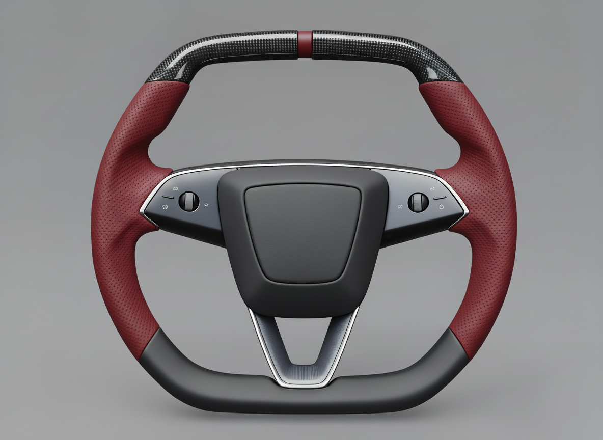 Burgundy Leather Carbon Fiber Customize Tesla Model Y Juniper Steering Wheel - Super Enhancer (2025+) Axeco