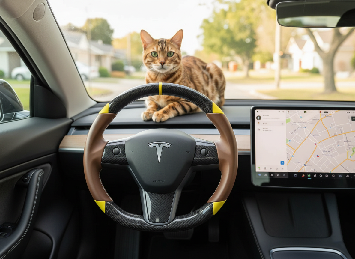 Brown and yellow Carbon Fiber Tesla Model 3 Custom Steering Wheel -DYNA(2017-2023.9) Axeco