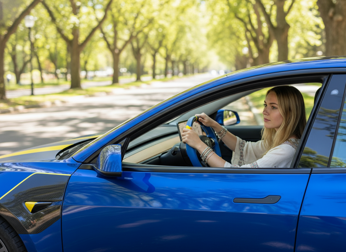 Blue and yellow Carbon Fiber Tesla Model 3 Custom Steering Wheel -DYNA(2017-2023.9) Axeco