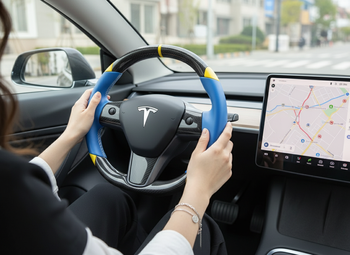 Blue and yellow Carbon Fiber Tesla Model 3 Custom Steering Wheel -DYNA(2017-2023.9) Axeco