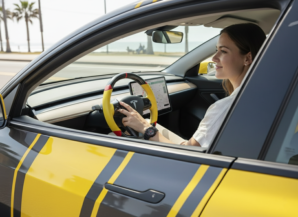 Yellow and red Carbon Fiber Tesla Model 3 Custom Steering Wheel -DYNA(2017-2023.9) Axeco