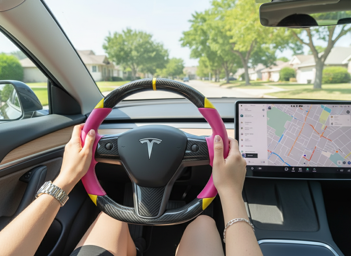 Pink and yellow Carbon Fiber Tesla Model 3 Custom Steering Wheel -DYNA(2017-2023.9) Axeco