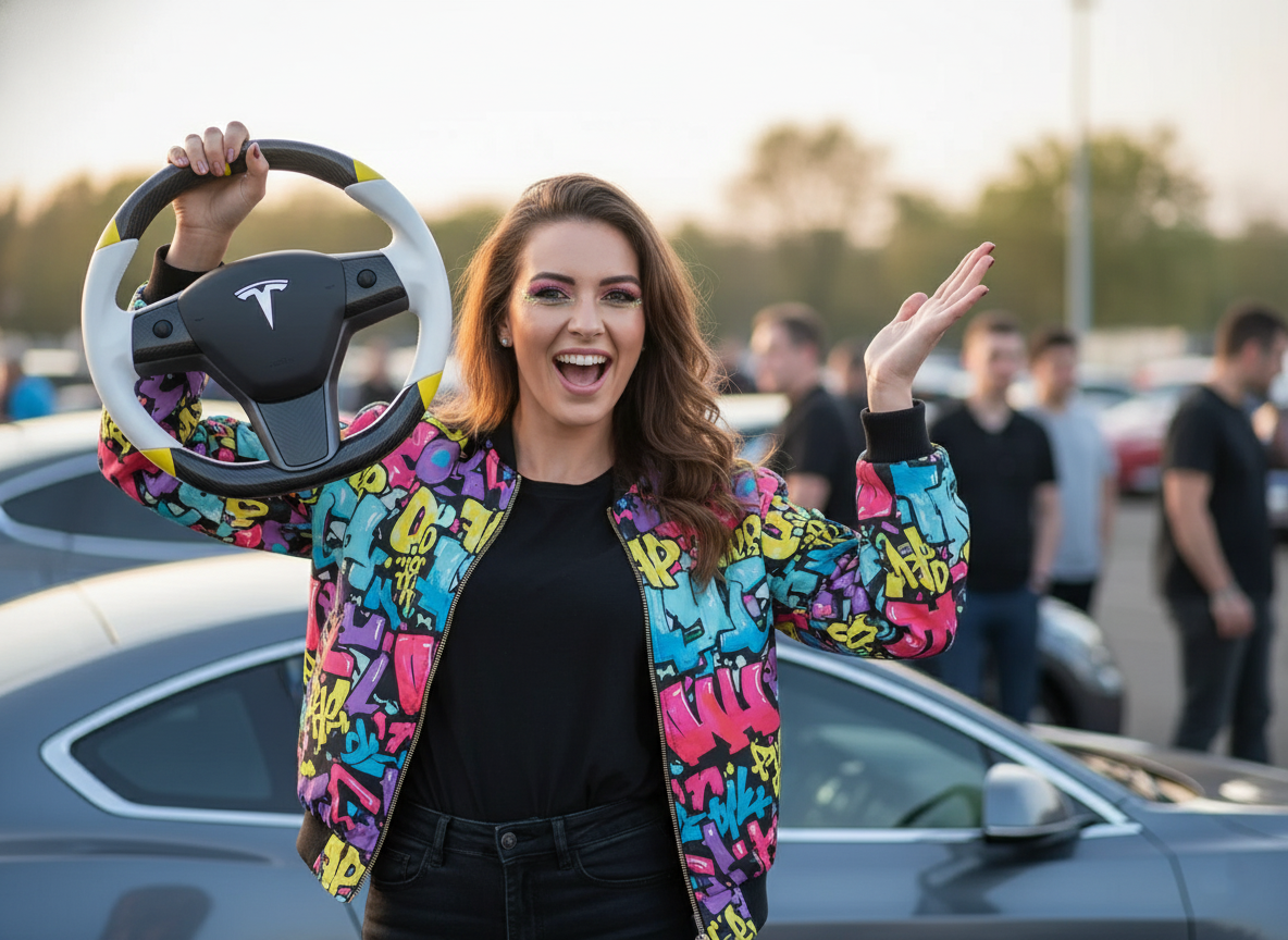 White and yellow Carbon Fiber Tesla Model 3 Custom Steering Wheel -DYNA(2017-2023.9) Axeco