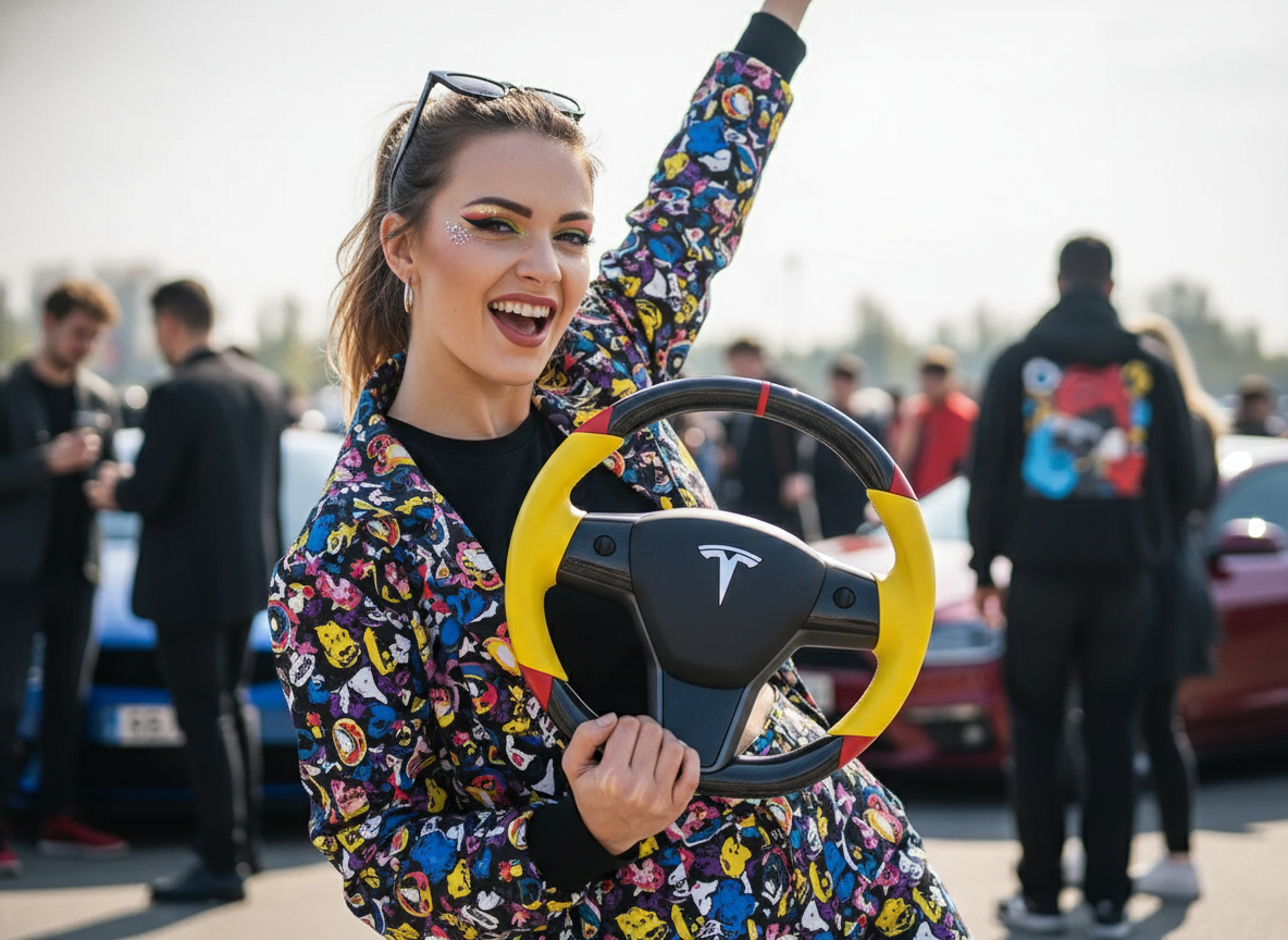 Yellow and red Carbon Fiber Tesla Model 3 Custom Steering Wheel -DYNA(2017-2023.9) Axeco