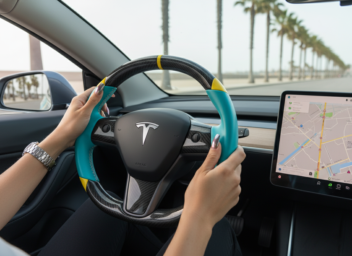 Light blue and yellow Carbon Fiber Tesla Model 3 Custom Steering Wheel -DYNA(2017-2023.9) Axeco