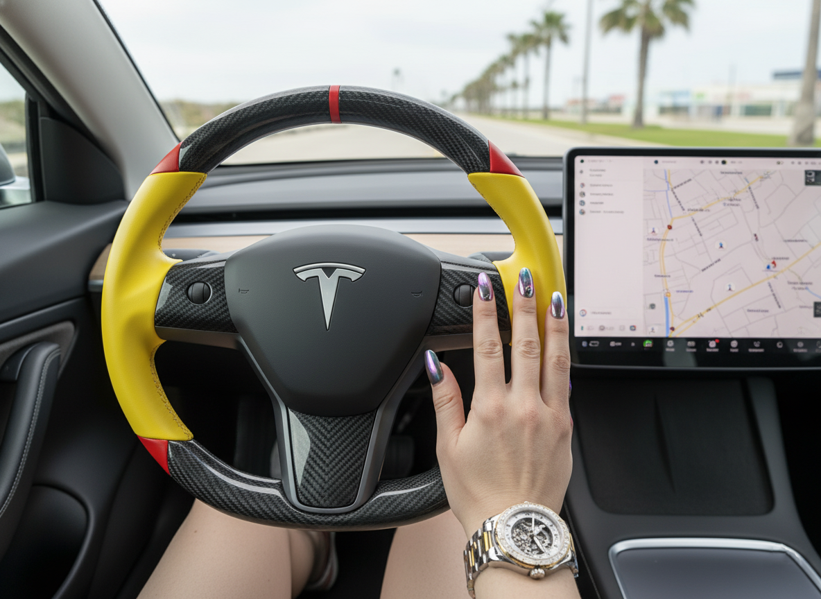 Yellow and red Carbon Fiber Tesla Model 3 Custom Steering Wheel -DYNA(2017-2023.9) Axeco