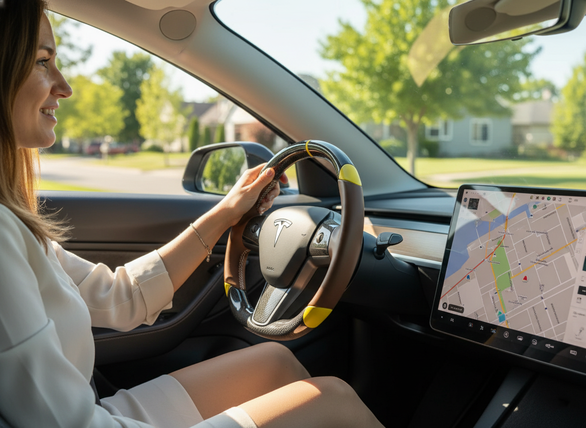 Brown and yellow Carbon Fiber Tesla Model 3 Custom Steering Wheel -DYNA(2017-2023.9) Axeco