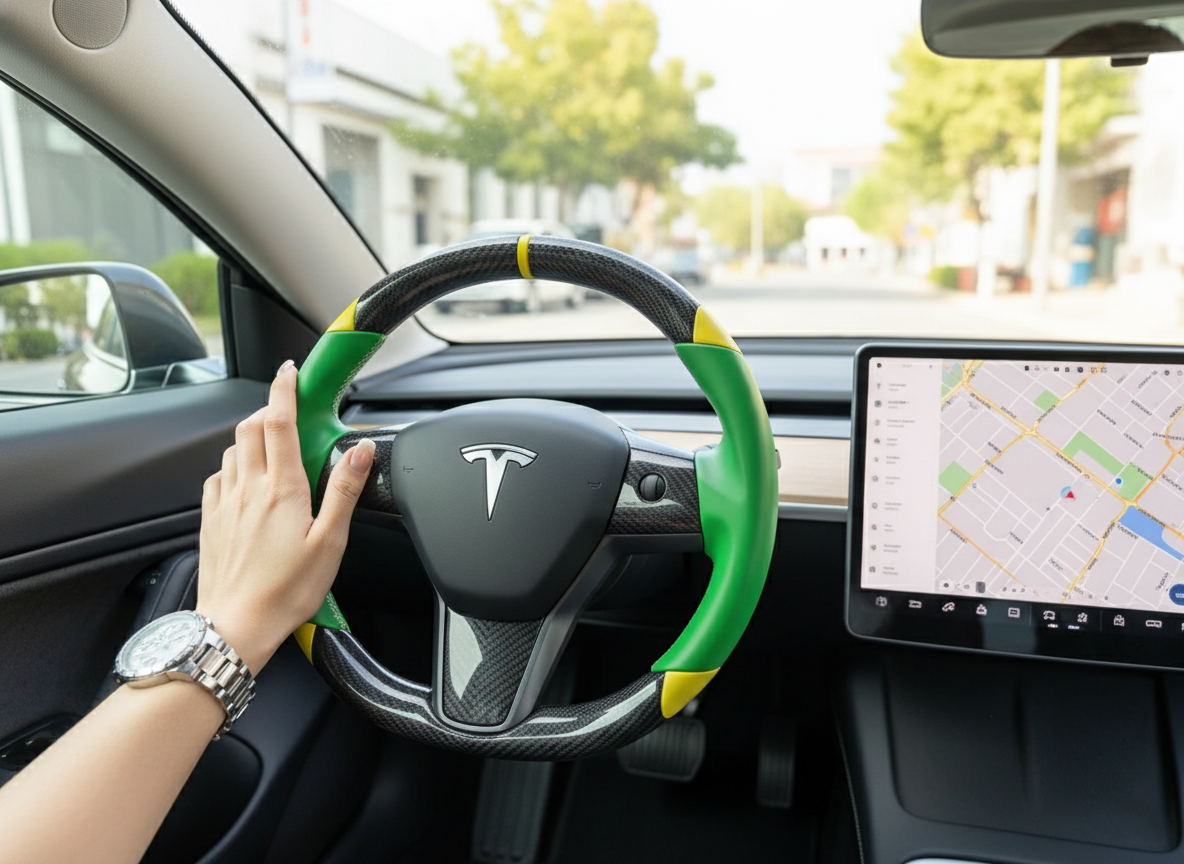 Green and yellow Carbon Fiber Tesla Model 3 Custom Steering Wheel -DYNA(2017-2023.9) Axeco