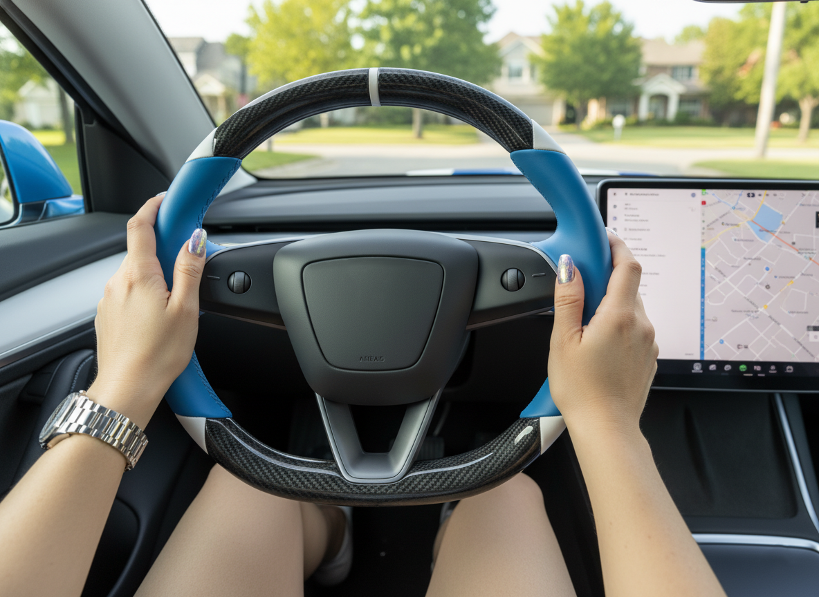 Blue-White Carbon Fiber Customize Tesla Model Y Juniper Steering Wheel - DYNA (2025+) Axeco