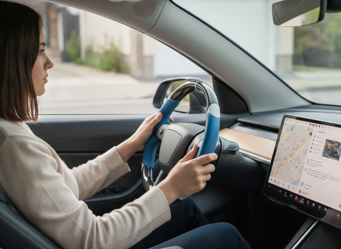 Blue-White Carbon Fiber Customize Tesla Model Y Juniper Steering Wheel - DYNA (2025+) Axeco