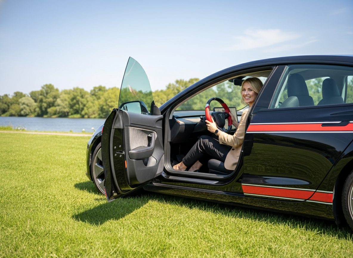 Red and white Leather Carbon Fiber Customize Tesla Model Y Juniper Steering Wheel - DYNA (2025+) Axeco