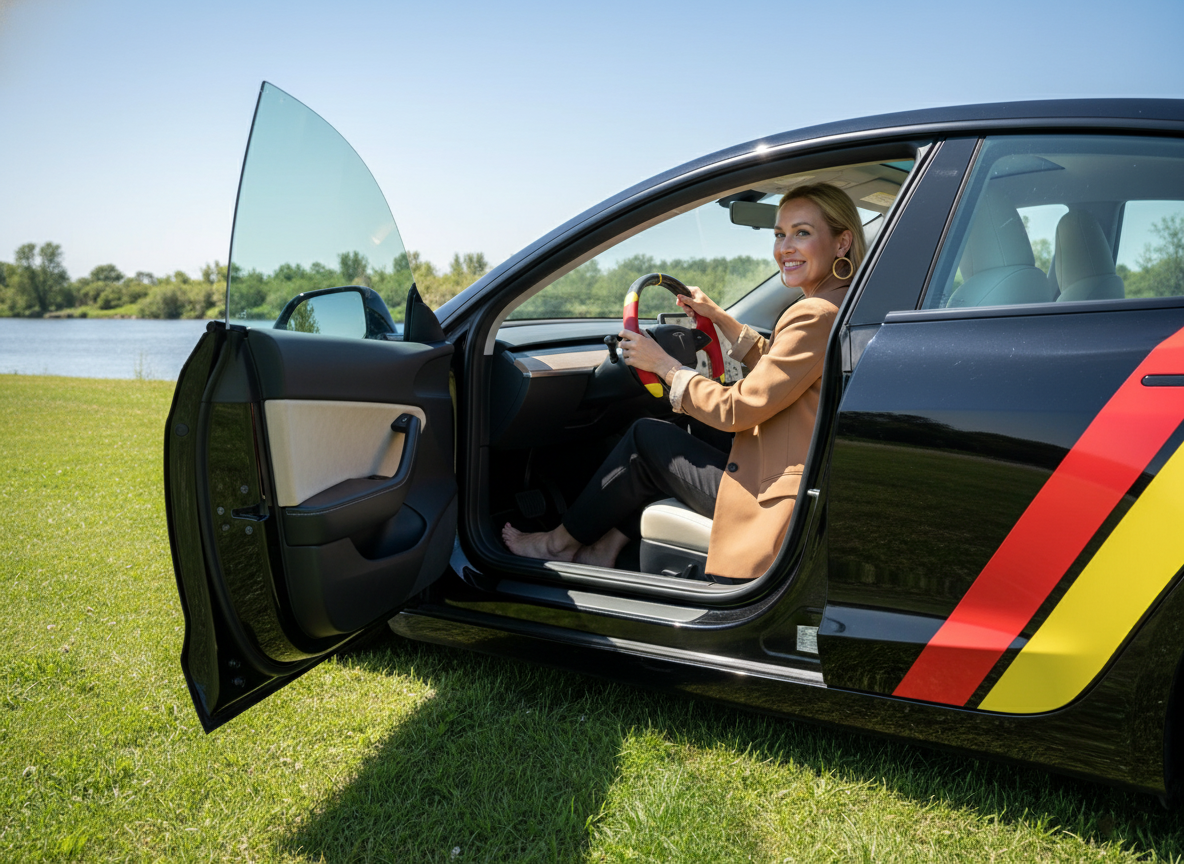 Red and yellow Leather Carbon Fiber Customize Tesla Model Y Juniper Steering Wheel - DYNA (2025+) Axeco