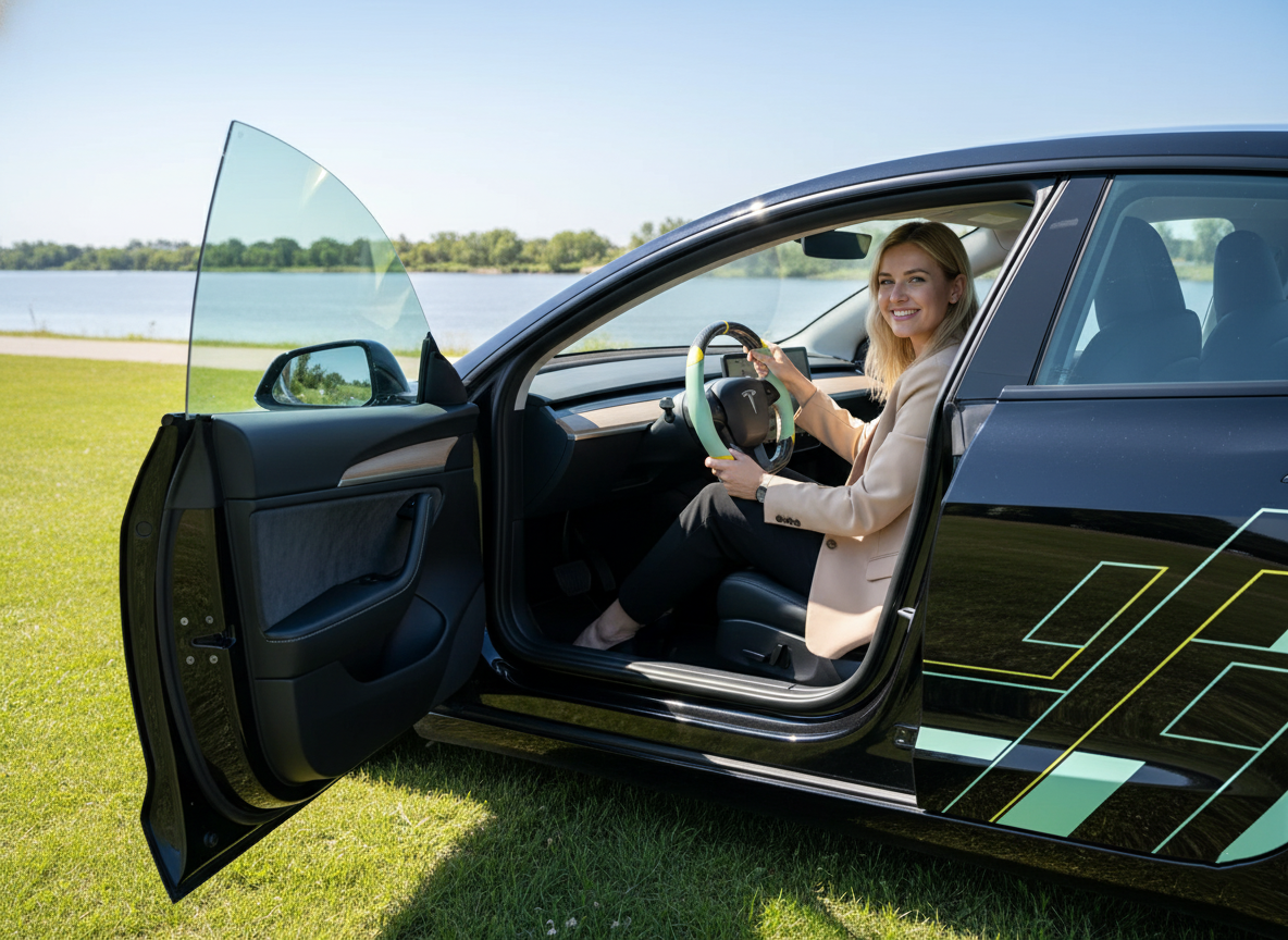 Mint green and yellow Leather Carbon Fiber Customize Tesla Model Y Juniper Steering Wheel - DYNA (2025+) Axeco