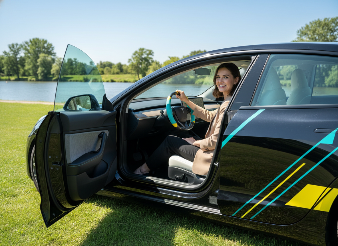 Mint green and yellow Leather Carbon Fiber Customize Tesla Model Y Juniper Steering Wheel - DYNA (2025+) Axeco