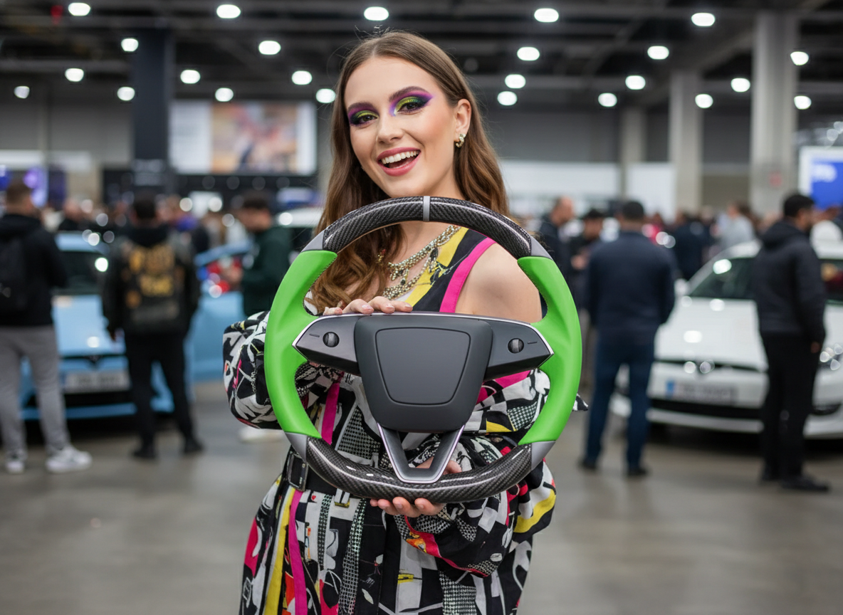 Green and grey Carbon Fiber Tesla Model 3 Highland Custom Steering Wheel -DYNA(2023.9) Axeco