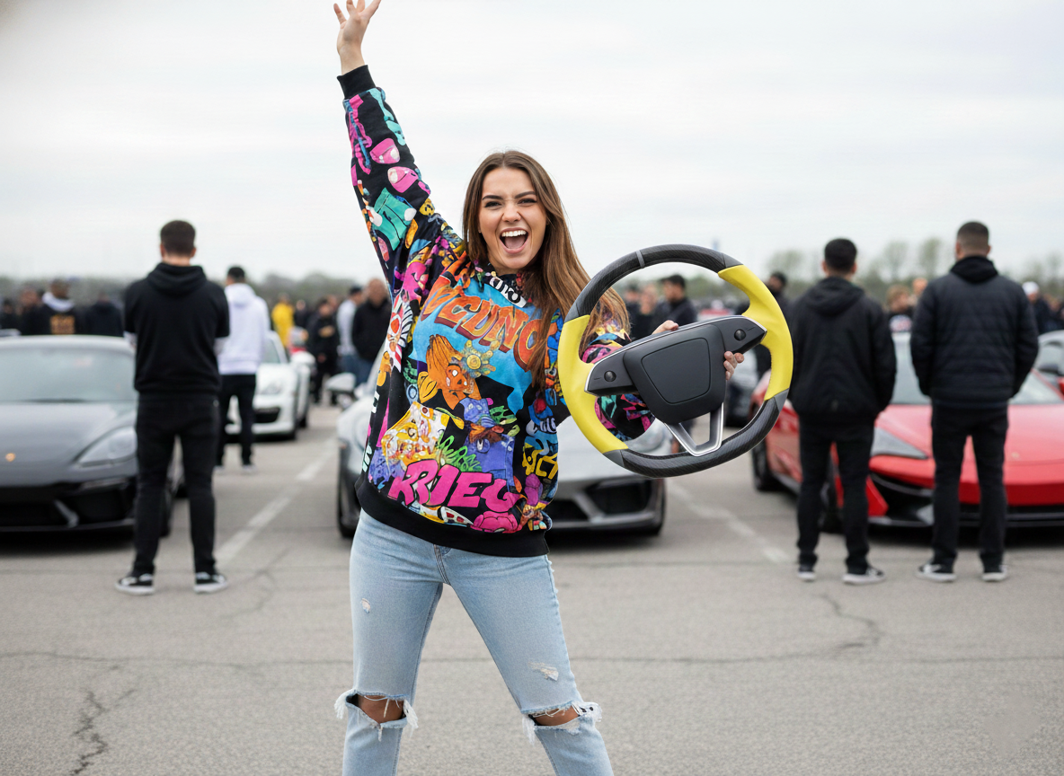 Yellow and grey Carbon Fiber Tesla Model 3 Highland Custom Steering Wheel -DYNA(2023.9) Axeco