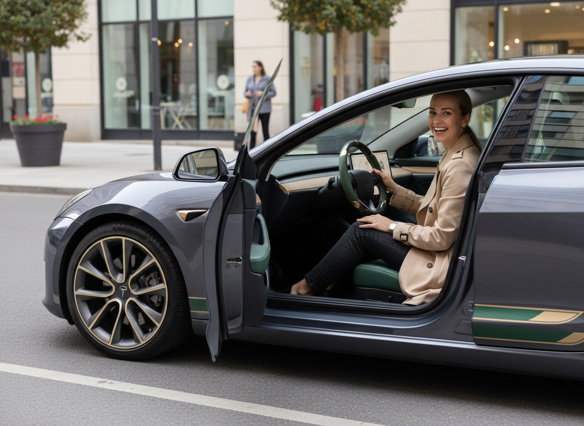 Dark green and gold Carbon Fiber Tesla Model 3 Highland Custom Steering Wheel -DYNA(2023.9) Axeco