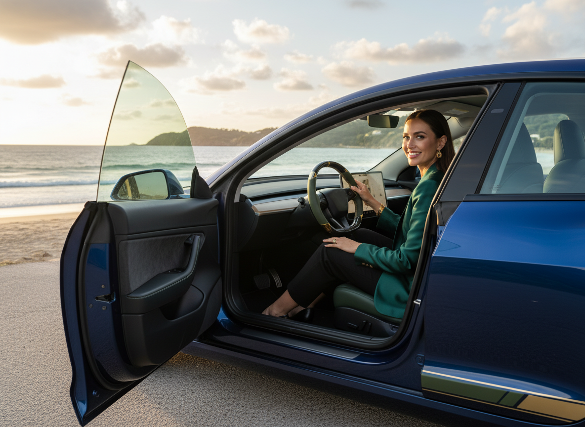 Army green and gold Carbon Fiber Tesla Model 3 Highland Custom Steering Wheel -DYNA(2023.9) Axeco