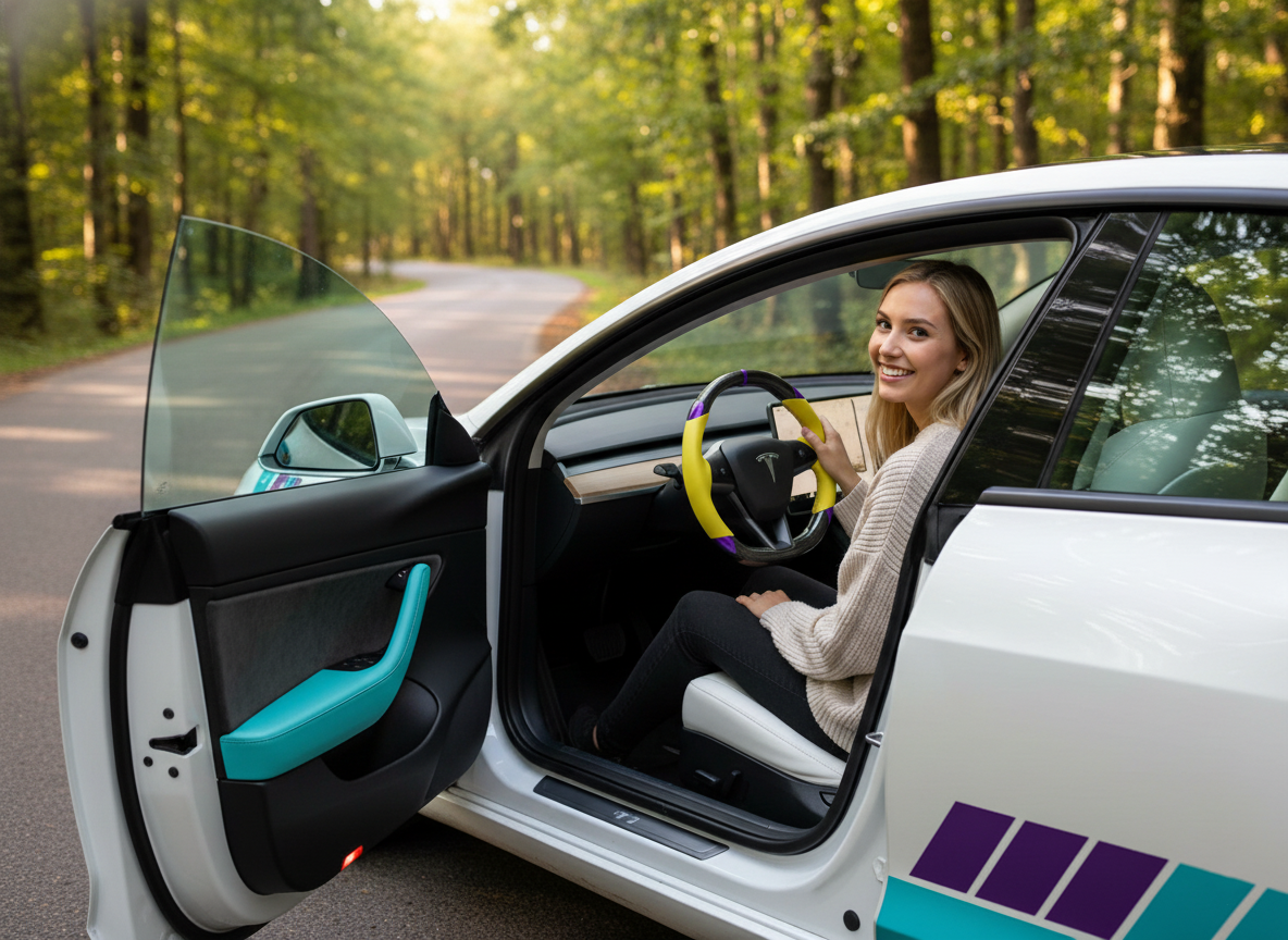 Yellow and purple Carbon Fiber Tesla Model 3 Highland Custom Steering Wheel -DYNA(2023.9) Axeco