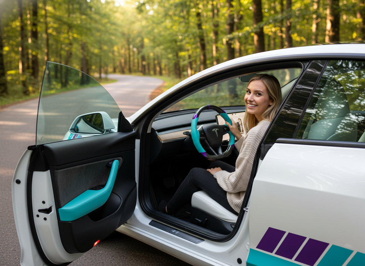 Light blue and purple Carbon Fiber Tesla Model 3 Highland Custom Steering Wheel -DYNA(2023.9) Axeco