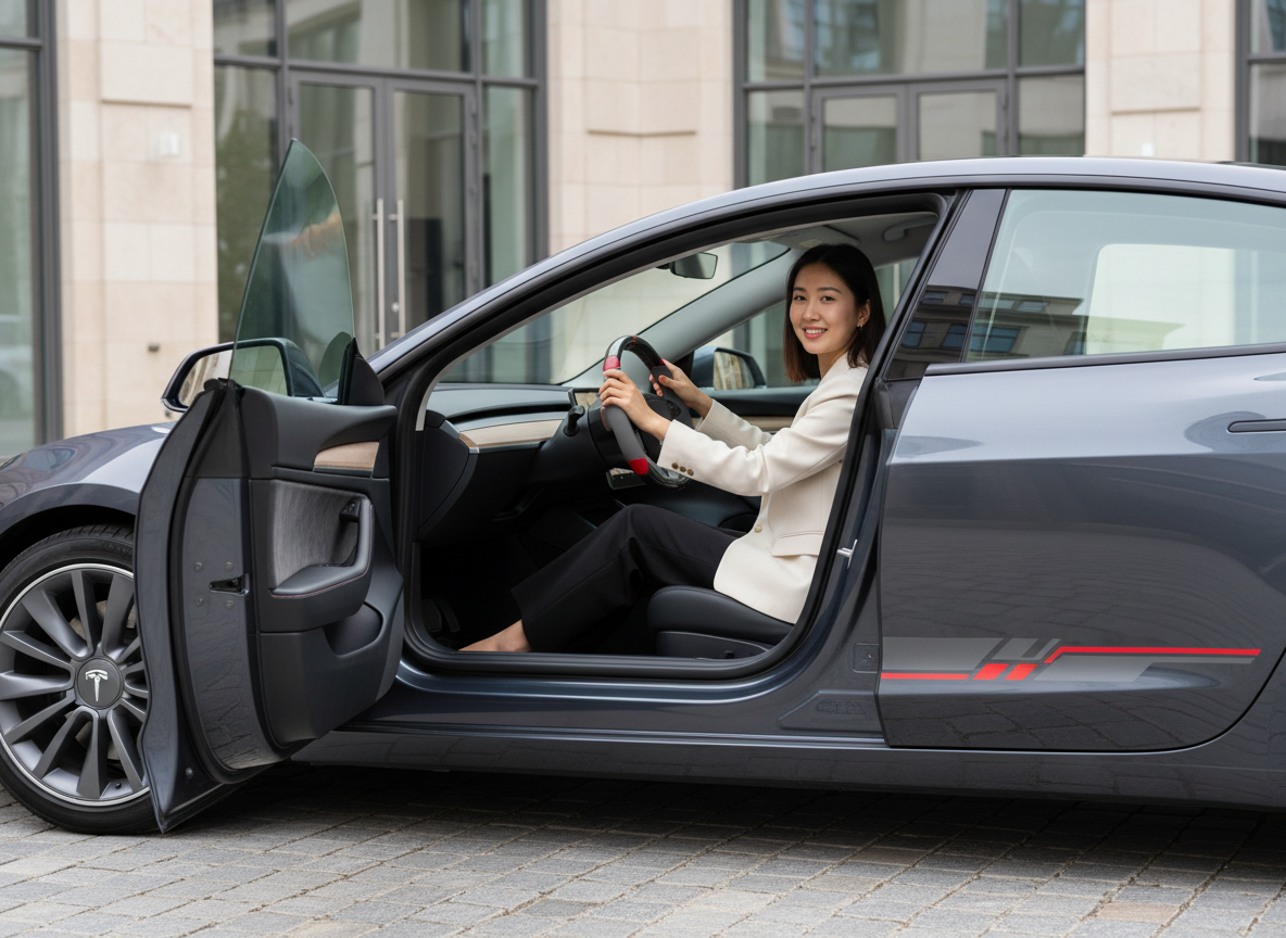 Grey and red Carbon Fiber Tesla Model 3 Highland Custom Steering Wheel -DYNA(2023.9) Axeco