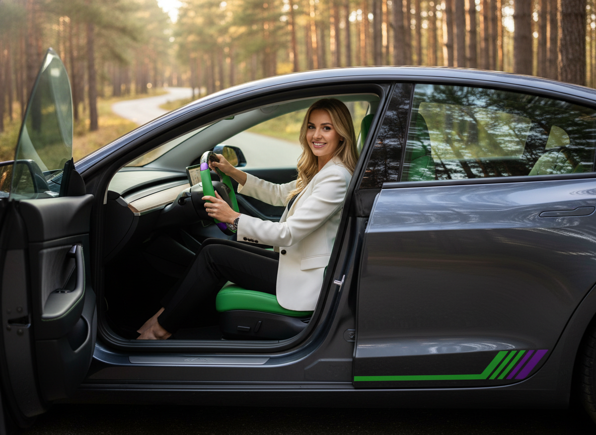 Green and purple Carbon Fiber Tesla Model 3 Highland Custom Steering Wheel -DYNA(2023.9) Axeco