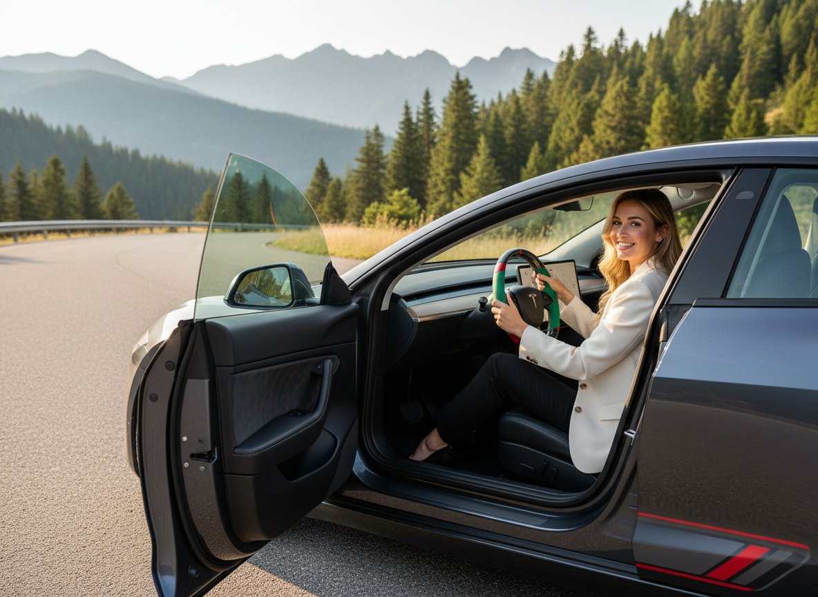 Green and red Carbon Fiber Tesla Model 3 Highland Custom Steering Wheel -DYNA(2023.9) Axeco