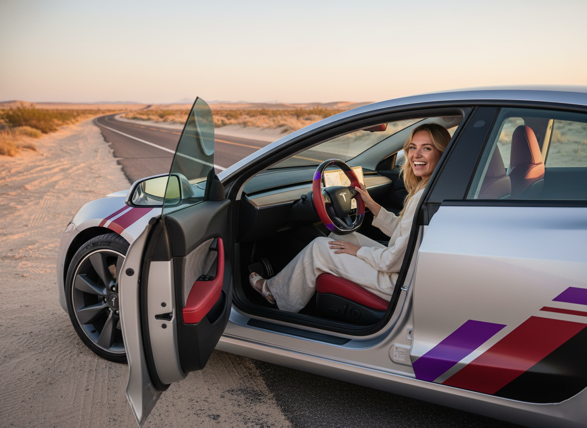 Red and purple Carbon Fiber Tesla Model 3 Highland Custom Steering Wheel -DYNA(2023.9) Axeco