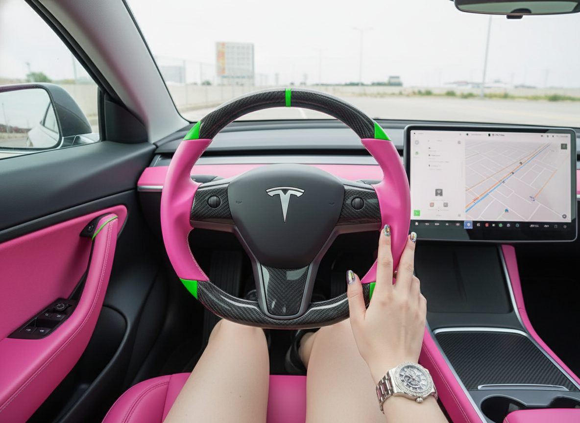 Pink and green leather black carbon fiber Tesla Model Y steering wheel - DYNA (2020-2024) Axeco