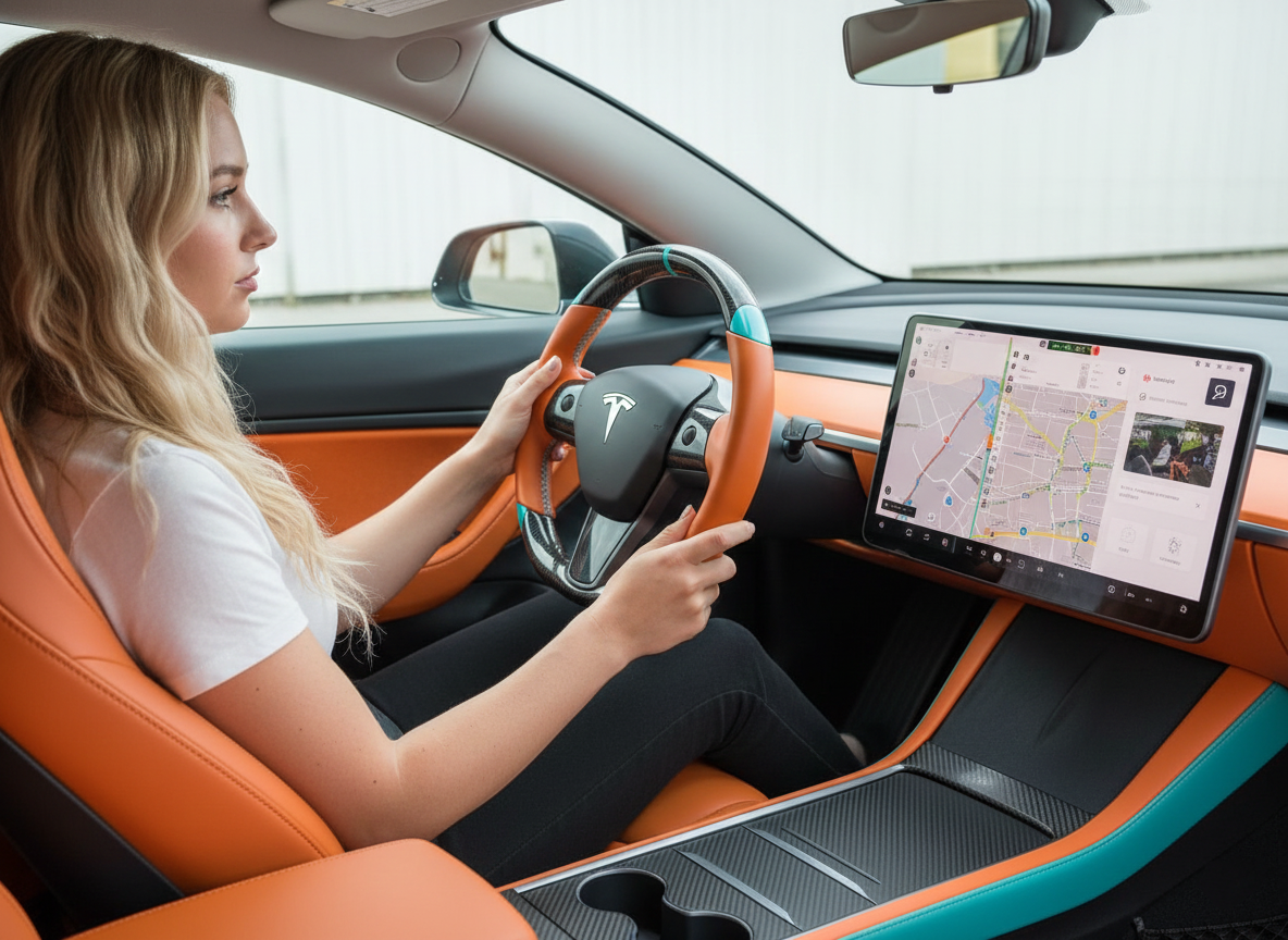 Orange and light blue leather black carbon fiber Tesla Model Y steering wheel - DYNA (2020-2024) Axeco