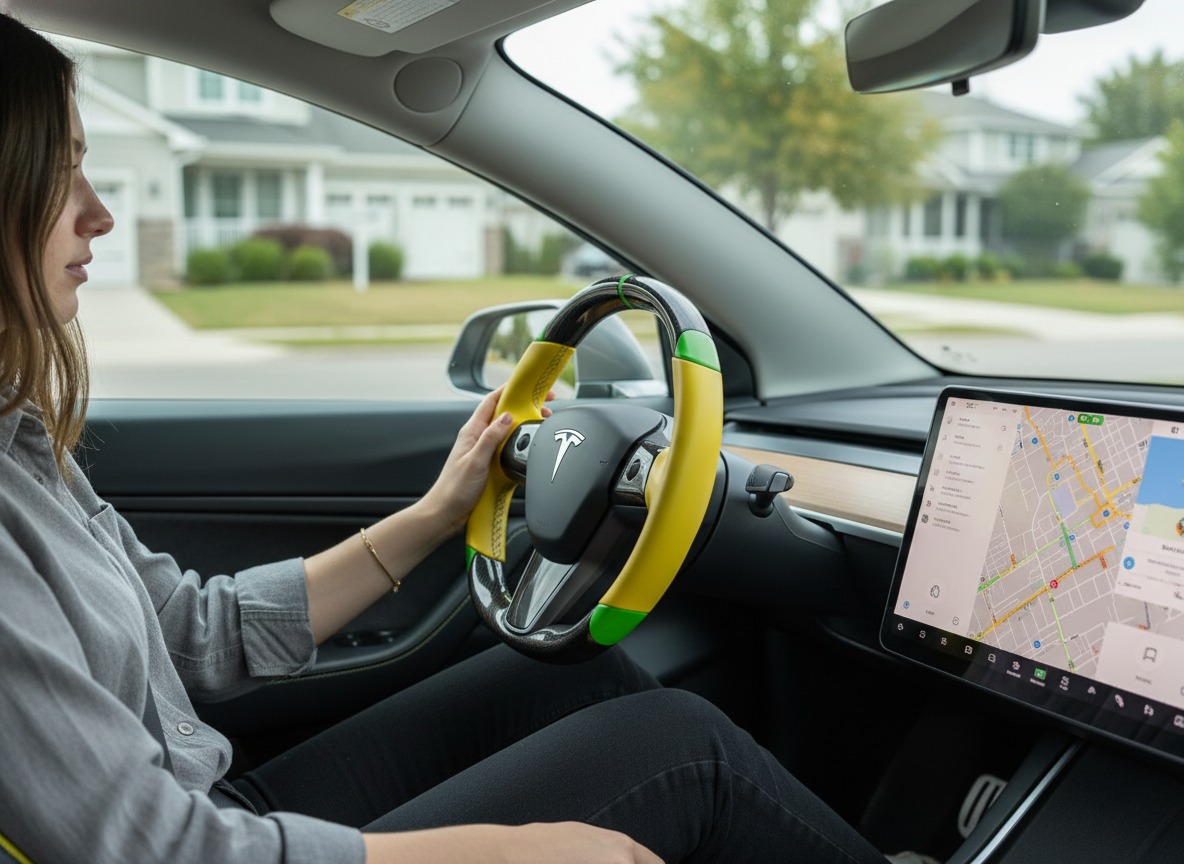 Yellow and green leather black carbon fiber Tesla Model Y steering wheel - DYNA (2020-2024) Axeco