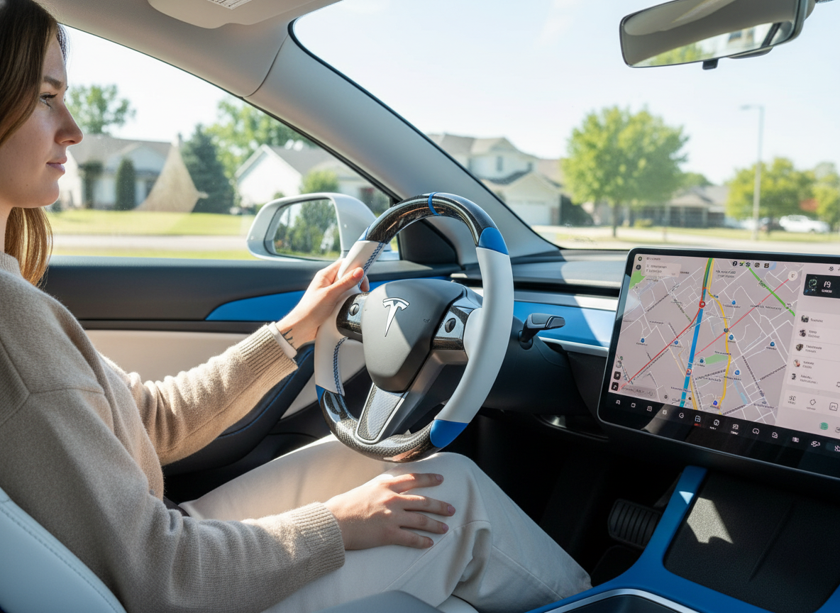 White and blue leather black carbon fiber Tesla Model Y steering wheel - DYNA (2020-2024) Axeco