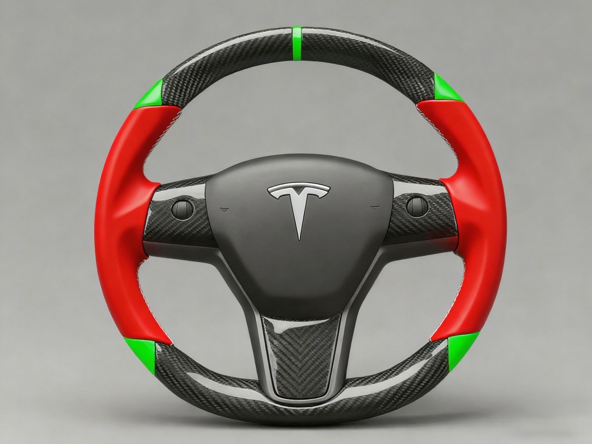 Red and green leather black carbon fiber Tesla Model Y steering wheel - DYNA (2020-2024) Axeco