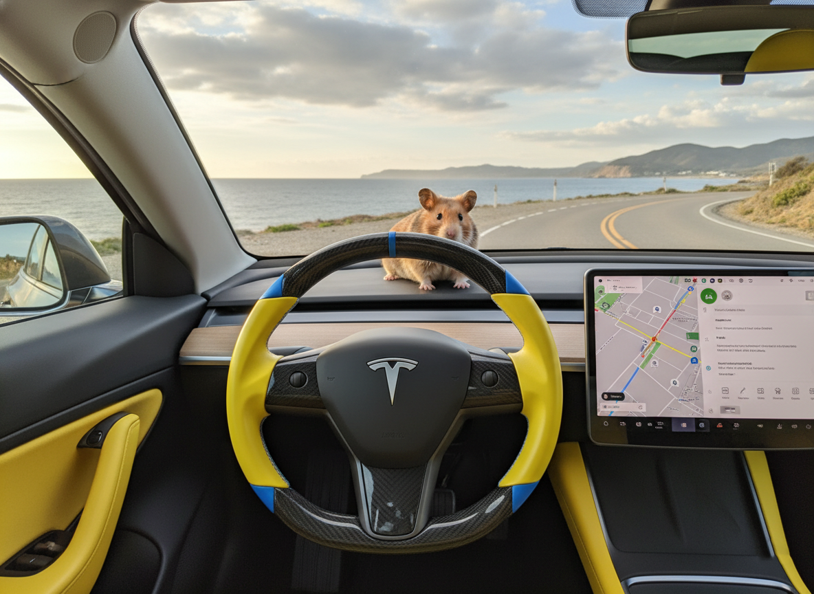 Yellow and blue leather black carbon fiber Tesla Model Y steering wheel - DYNA (2020-2024) Axeco