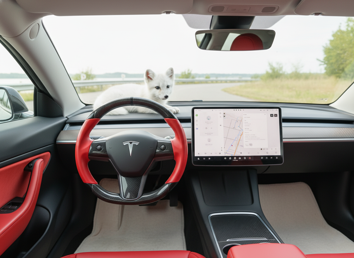 Red and black leather black carbon fiber Tesla Model Y steering wheel - DYNA (2020-2024) Axeco